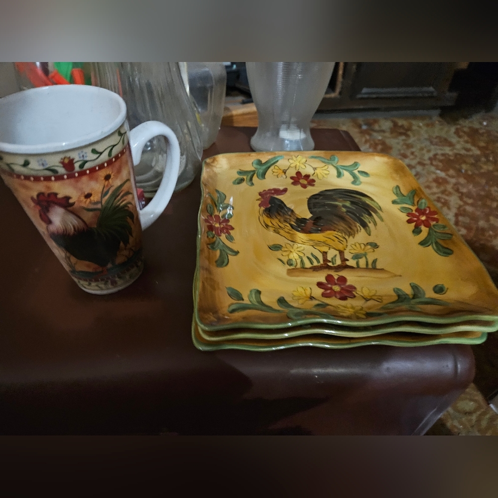 Rooster decor (3 plates and 1 cup)